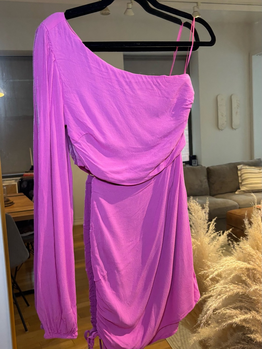 Olivaceous One-Shoulder Fuchsia Draped Mini Dress